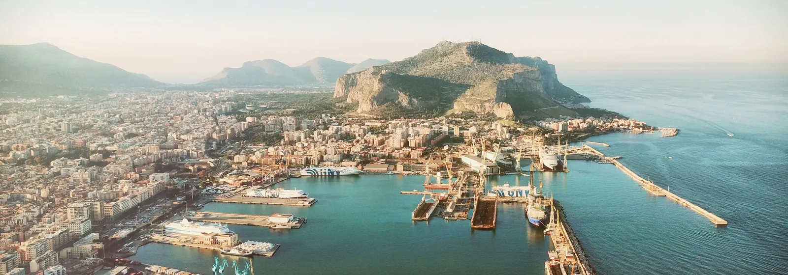 Aerial view of Palermo harbour with Monte Pellegrino behind